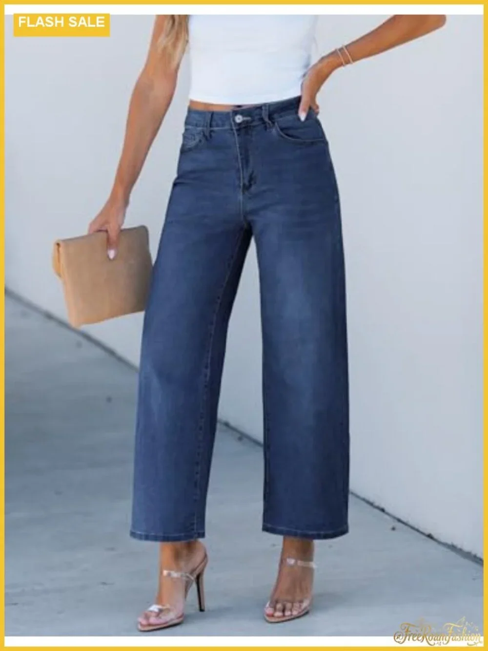 Wide Leg High Waist Cropped Stretch Denim Jeans 5-Pocket